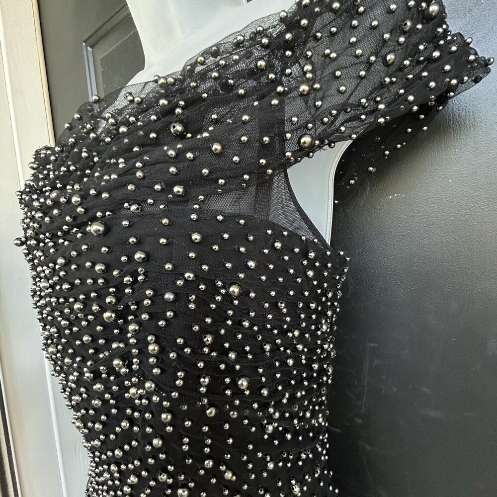 Badgley Mischka Embellished Beaded Tulle Dress Size 14 Black Cocktail Evening - Picture 7 of 16